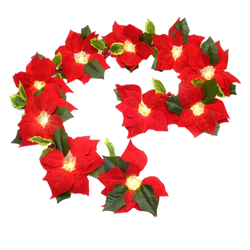 Hot HG-Christmas Flowers Decorations Garland String Lights,6.5FT Xmas Tree Artificial Red Leaves For Indoor/Outdoor Party Decor